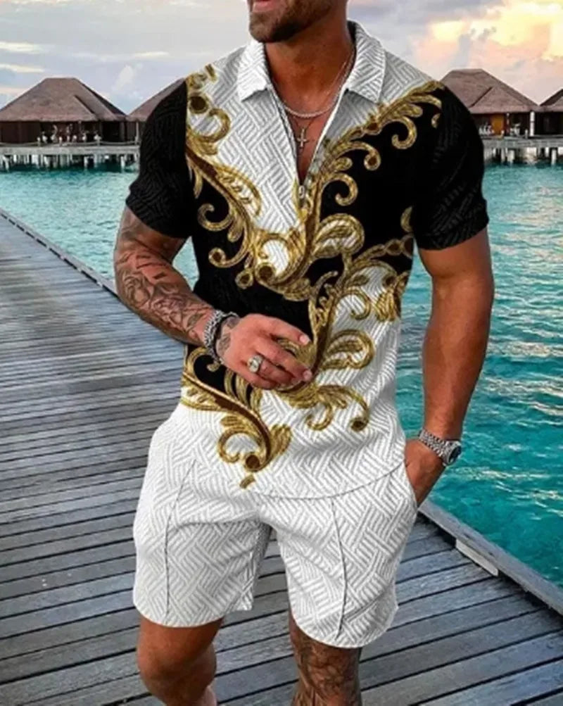 Summer New Men's Tracksuit 3D Printing Short Sleeve Zipper Polo Shirt Shorts Set for Men Casual Streetwear 2-piece Suit