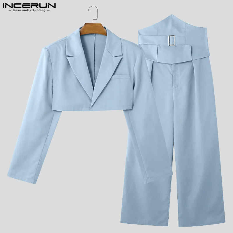 INCERUN Spring Autumn Men's Sets Long Sleeve Tops Solid Wide Leg Pants Men's Clothing Two-piece Sets Casual Suits Streetwear