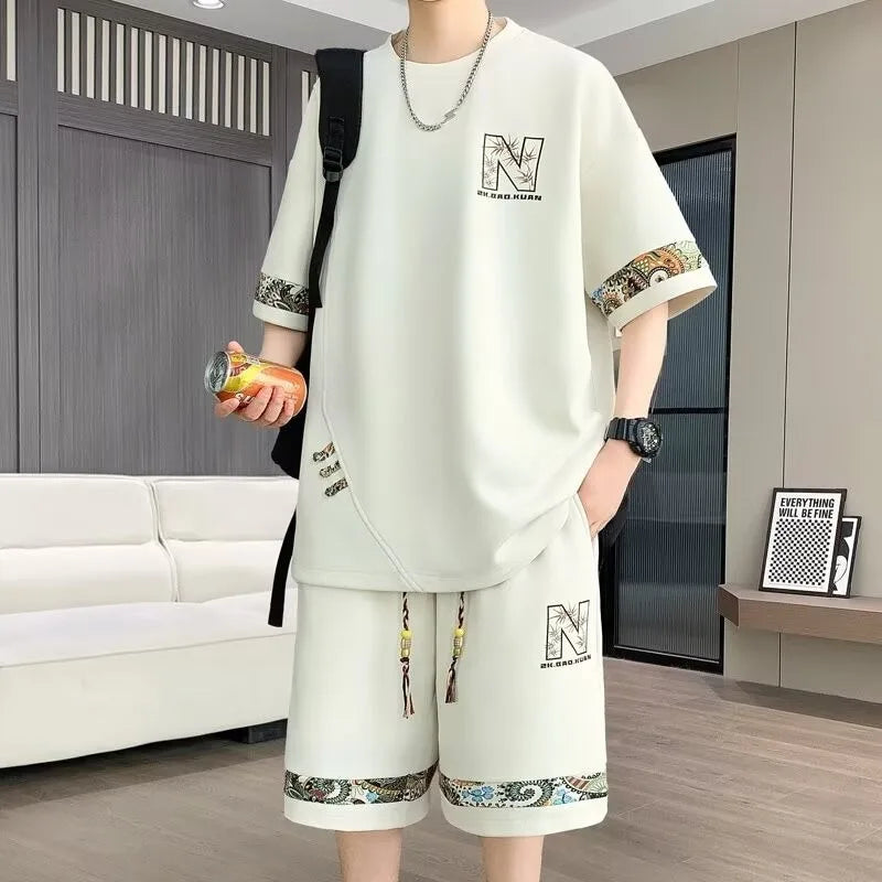 2025 New Men's Oversized Suit Korean High Street Fashion T-shirt Shorts 2 piece Set Men Trendy O Neck Top Designer Clothes Men