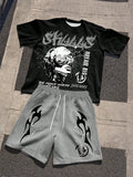 Men's Summer Casual Portrait Letter Printed Round Neck Short Sleeved T-Shirt And Shorts Set Men's Black And Purple Shorts Set