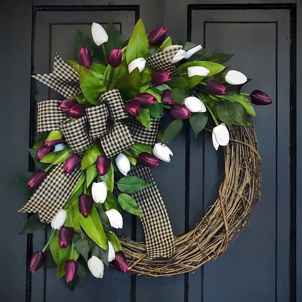 Spring Tulip Wreath, Door Hanging Decoration, Home Decoration Pendant, Festival Party Decoration Simulation Flower