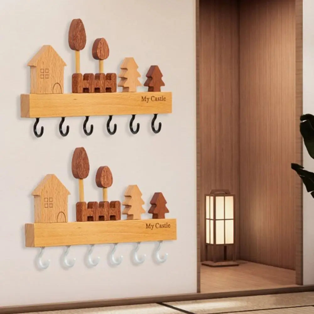 Charming Solid Wood Key Hook Rack - Punch-Free Wall Mount Storage For Keys, Coats & Towels - Perfect Home Decor Accessory