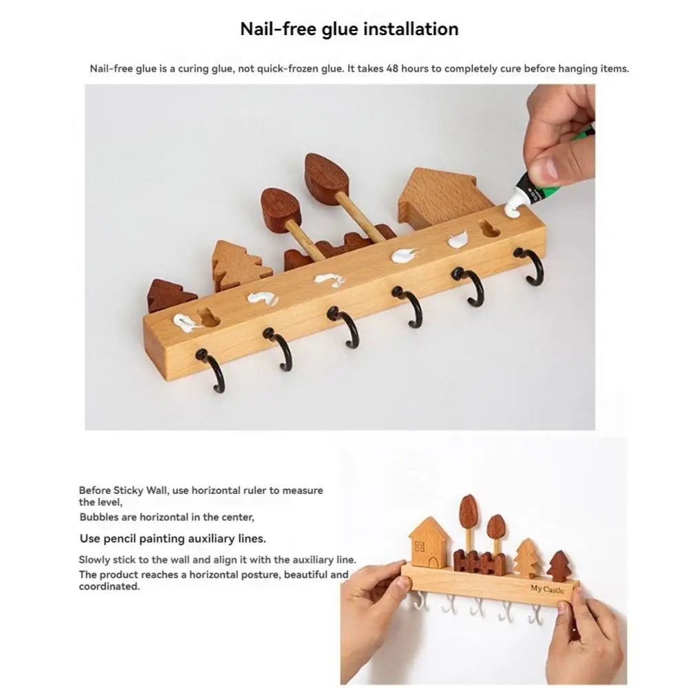 Charming Solid Wood Key Hook Rack - Punch-Free Wall Mount Storage For Keys, Coats & Towels - Perfect Home Decor Accessory