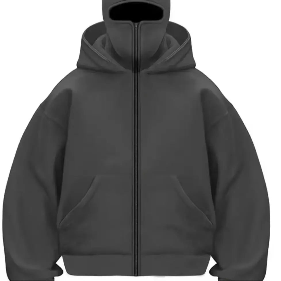 2024 New Men's Double Hat Mask Zipper Jacket Winter Windproof Hooded Sportswear Gothic Style Harajuku Loose Coat Outdoor Hiking