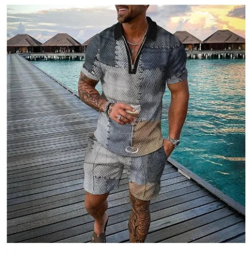 Summer New Men's Tracksuit 3D Printing Short Sleeve Zipper Polo Shirt Shorts Set for Men Casual Streetwear 2-piece Suit