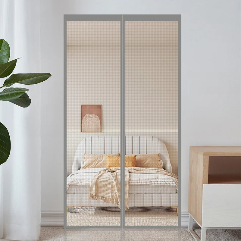 Grey Summer Magnetic Screen Door No-Drill Fiberglass Mesh Mosquito-Proof Breathable Decorative Home Screen Door Curtain